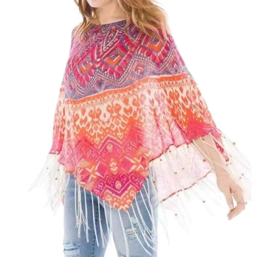 Chico's Phoebe Poncho Linen Semi Sheer Beaded Fringe Southwestern Cowgirl Sz OS - Picture 7 of 7